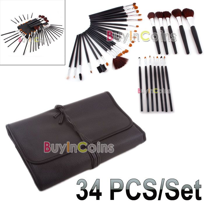 34 Makeup Brush Set Goat Hair Blush Gloss Leather Case  