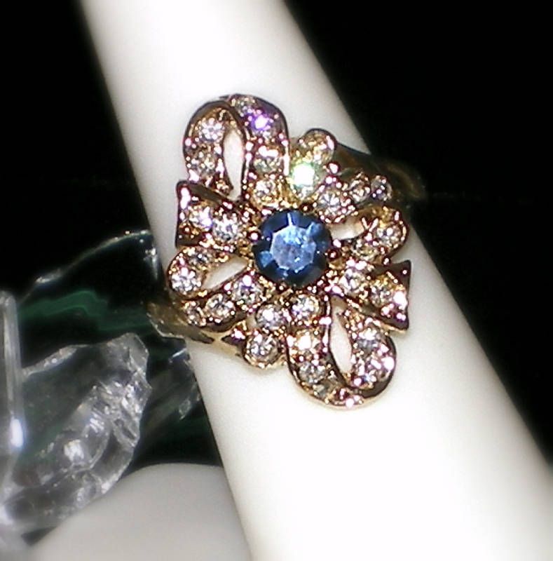 VINTAGE SAPPHIRE BLUE RING~SWAROVSKI CRYSTAL~SZ 8~NEW  