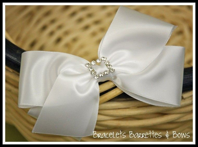 Large White Satin Hair Bow with Rhinestone Flower Girl  