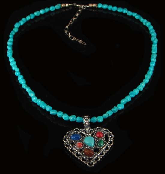 Sterling Silver Multi gemstone Turquoise Heart Necklace  