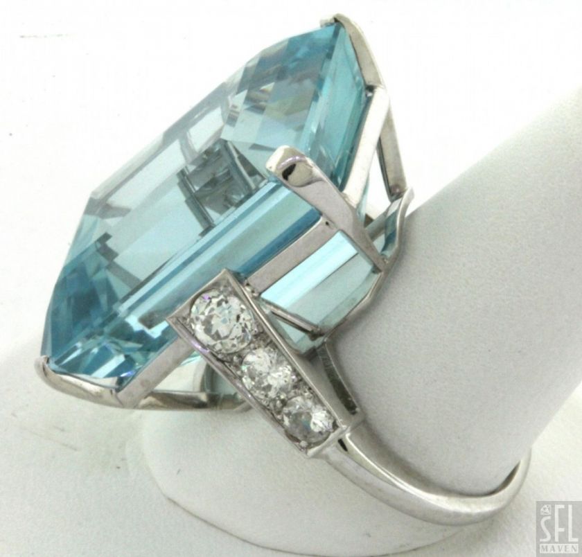 VINTAGE PLATINUM 37.26CTW DIAMOND/SANTA MARIA AQUAMARINE COCKTAIL RING 