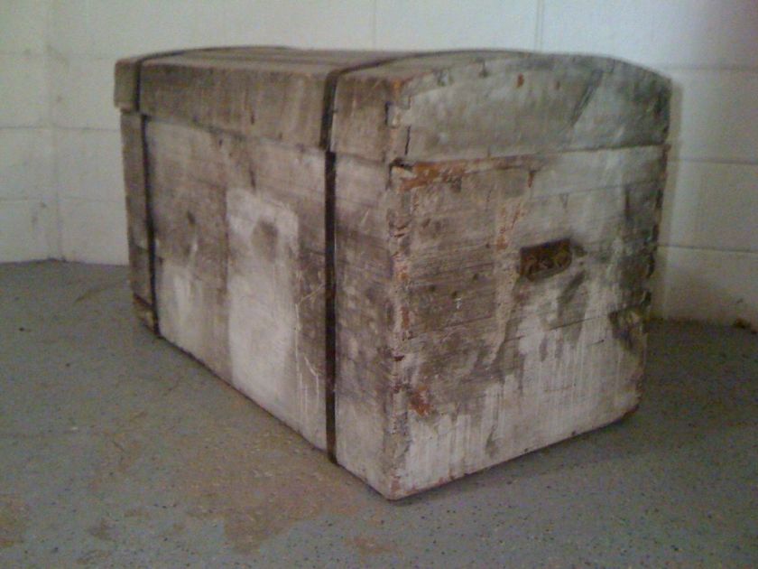   Weathered, White Washed Dome Topped, Iron Banded Trunk c.1900  