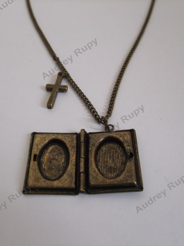 Antique Vintage Copper Book Locket & Cross Necklace  