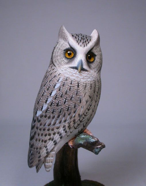 Whiskered Screech Owl Bird Wood Carving/Birdhug  