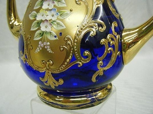   Cobalt Blue Glass Gold Gilt Raised Enamel Tea Set Cups&Saucers  