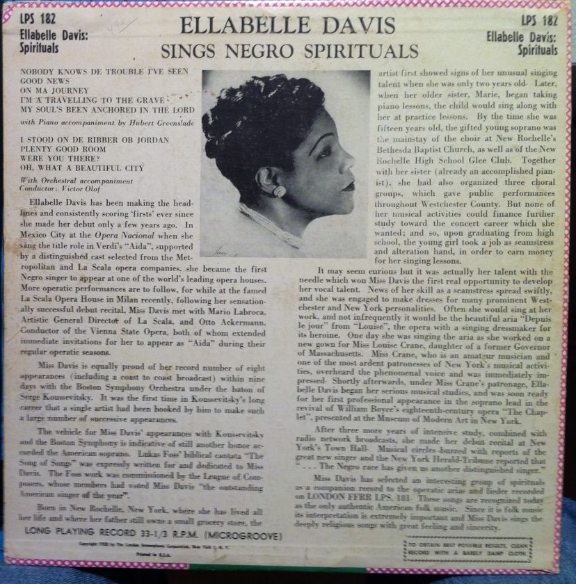 ELLABELLE DAVIS sings negro spirituals 10 Rare VG LPS.183 1st Press 