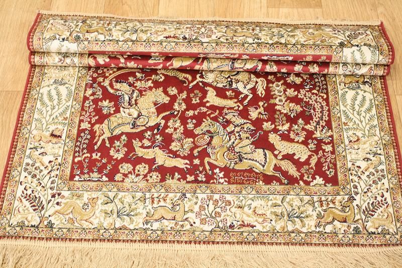 New Red Hunting Design 100% Silk Gum Ghom Persian Oriental Area Rug 