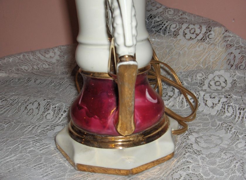   Lamp Ruby Roses Swan Handles Gold Accents Worrall Signed 1940s  