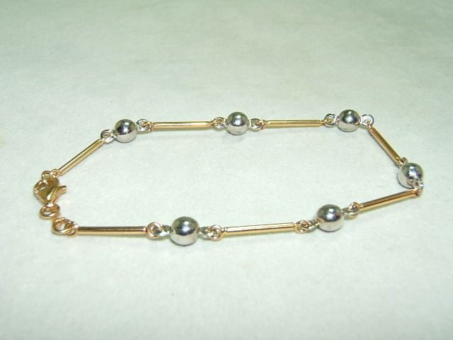 14K Yellow & White Gold Bar & Ball Bracelet Unworn  