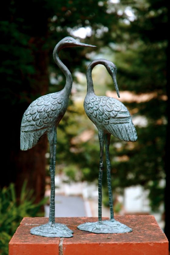 Small Bronze Verdi Green Garden Crane Pair Outdoor  