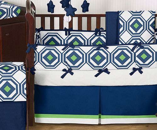   GEOMETRIC NAVY BLUE LIME GREEN DESIGNER BOY GIRL BABY BEDDING CRIB SET