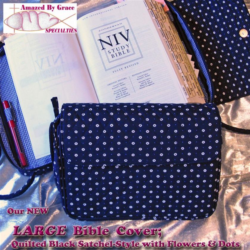 BIBLE COVER Large Quilted Satchel/Purse Style in BLACK with Flowers 