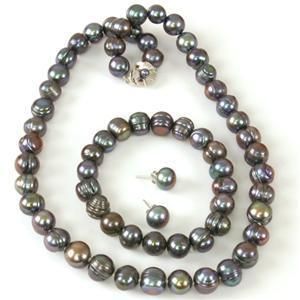 Pearl Necklace Earring Bracelet Freshwater Black Potato  