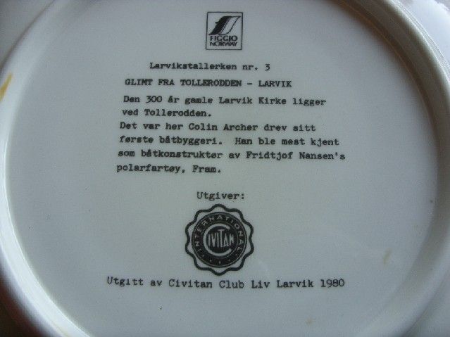 FIGGJO FLINT NORWAY LARVIK PLATE 1980 OLD CHURCH  