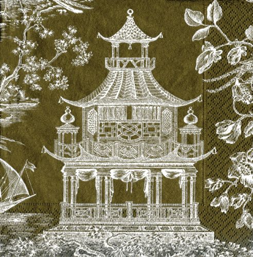 CASPARI 2 Pkgs Chinoiserie Toile Pagoda Bronze Paper Salad / Dessert 