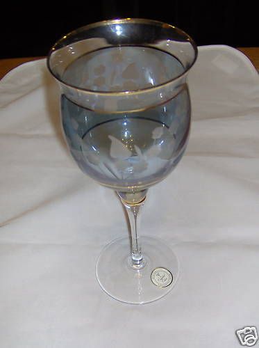 Crystal Clear Wine Glass Goblet Blue Romania Stem Etch  