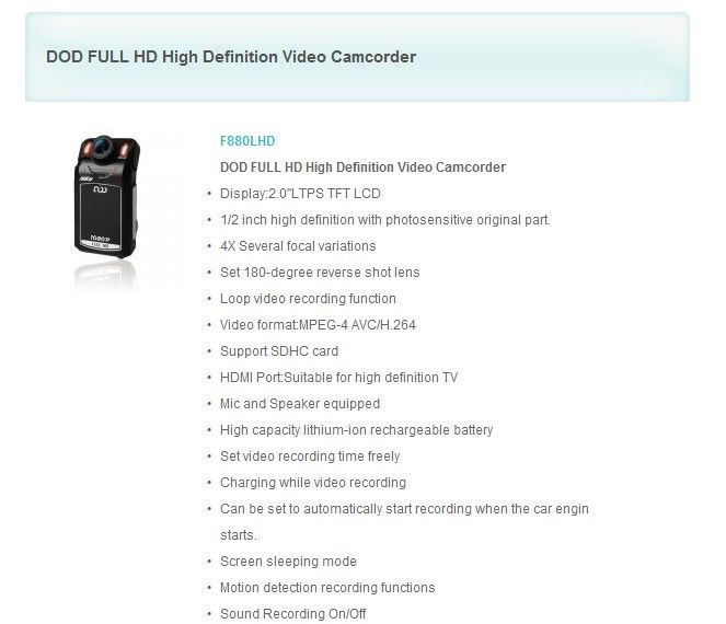 DOD F880LHD FULL HD High Definition Car Camcorder  