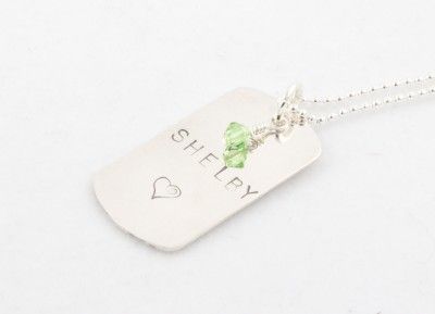   Birthstone Dog Tag Necklace Custom Personalized Handstamped  