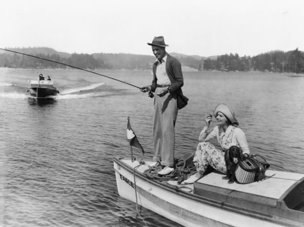  ~ 1930 photo Rod La Rocque and Vilma Banky fishing for rainbow trout 