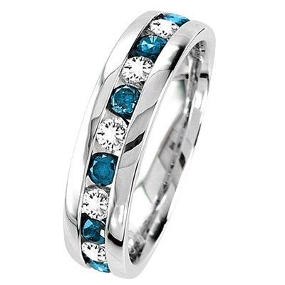   WHITE GOLD BLUE AND WHITE DIAMOND WEDDING BAND RING COMFORT FIT 1/4 CT