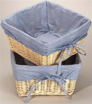 Badger Basket ~ NATURAL WICKER Set 2 NURSERY BASKETS Navy Gingham 