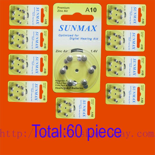 60PCS SUNMAX A10 1.4V,HEARING AID BATTERIES SHIP by air mail