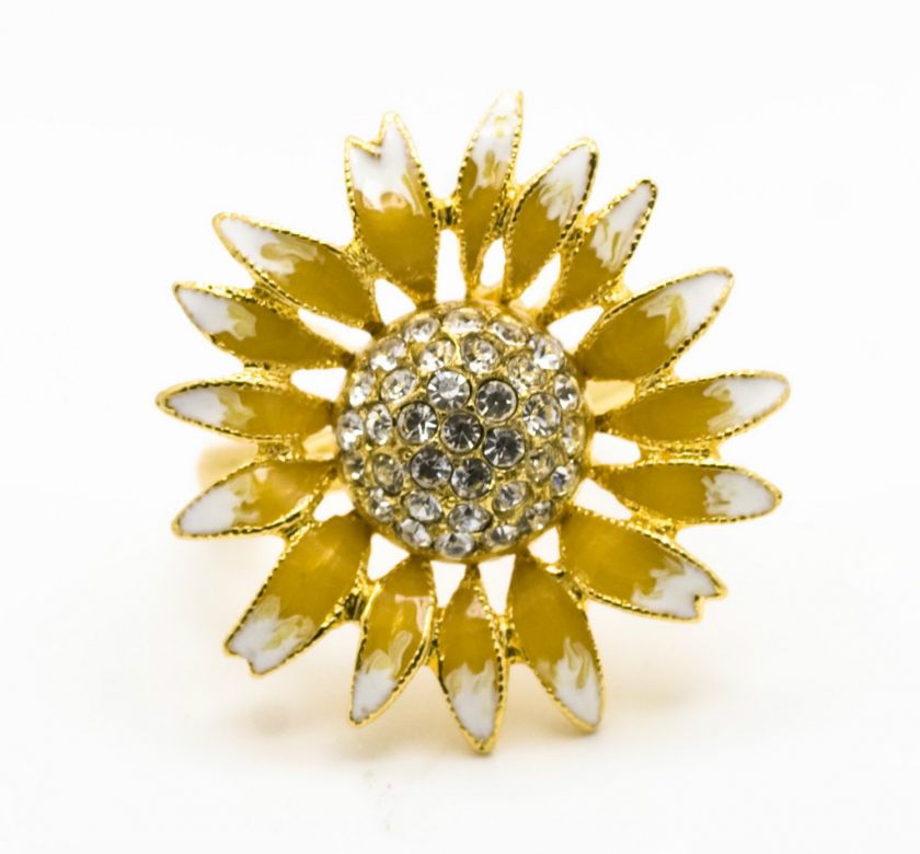 Kenneth Jay Lane Yellow Enamel Sunflower Crystal Ring Size 5 7 NEW 