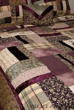 SAGE & PURPLE VELVET KING 5PC QUILT SHAMS BEDSKIRT SET  