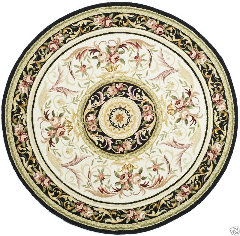 Hand hooked Aubusson Ivory/Black Wool Carpet Rug 3 Round  