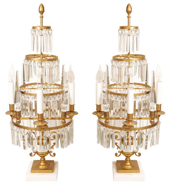 Pair Russian Bronze & Crystal Girandole Table Lamps  