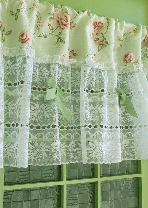   vintage Country Flowers with Lace & Ribbon ties Cafe Curtain/Valance